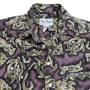 Vintage Kai Nani Hawaiian Shirt Mens M Turtle Makau Palm Print 1/4 Button Resort